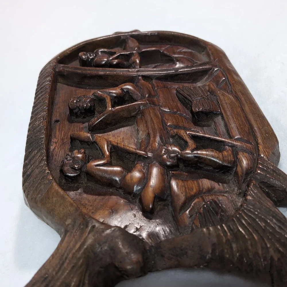 Hand Carved Wood Fishing Scene Wall Art – Primitive Tribal Relief Plaque – Boho